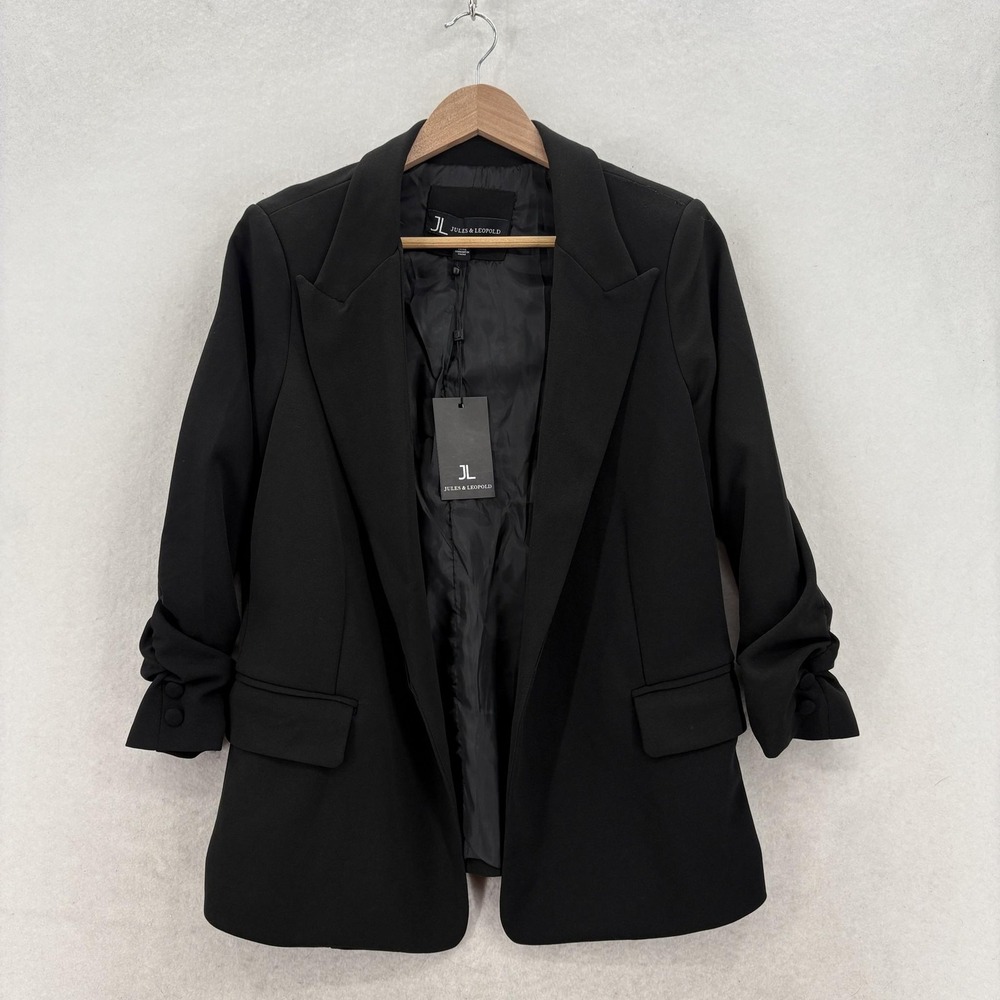 Jules & Leopold Blazer Womens Small Black Open Front 3/4 Sleeve Career Chic NWT